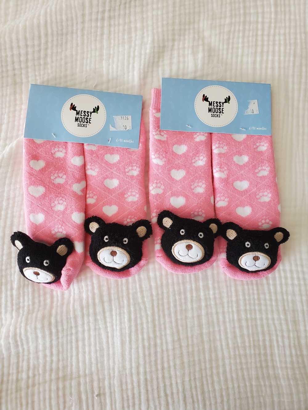 NWT 2 Pairs Pink Bear Heart Kids Socks - 6-48 Months Matching Socks For Twins